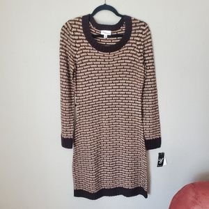 NWT Allison Brittney Brown Tan Patterned Long Sleeve Sweater Dress Scoop Neck